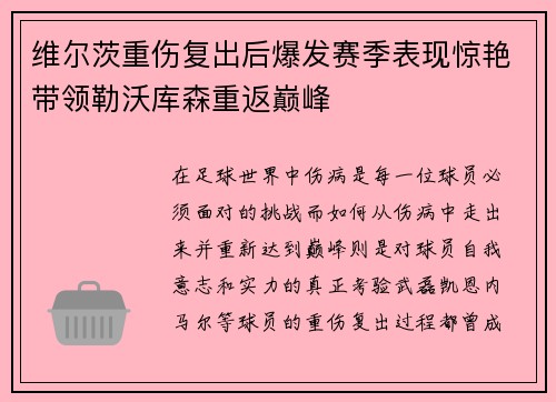 维尔茨重伤复出后爆发赛季表现惊艳带领勒沃库森重返巅峰 维尔茨重伤复出后爆发赛季表现惊艳带领勒沃库森重返巅峰
