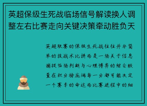 英超保级生死战临场信号解读换人调整左右比赛走向关键决策牵动胜负天平