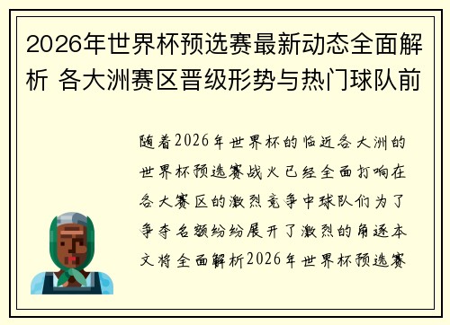2026年世界杯预选赛最新动态全面解析 各大洲赛区晋级形势与热门球队前景